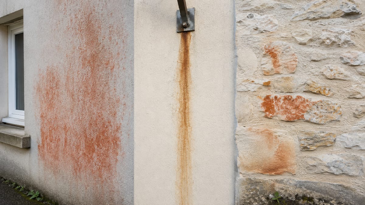 Comparaison entre un voile rouge biologique, une coulure de rouille et une coloration rouge localisée sur une façade