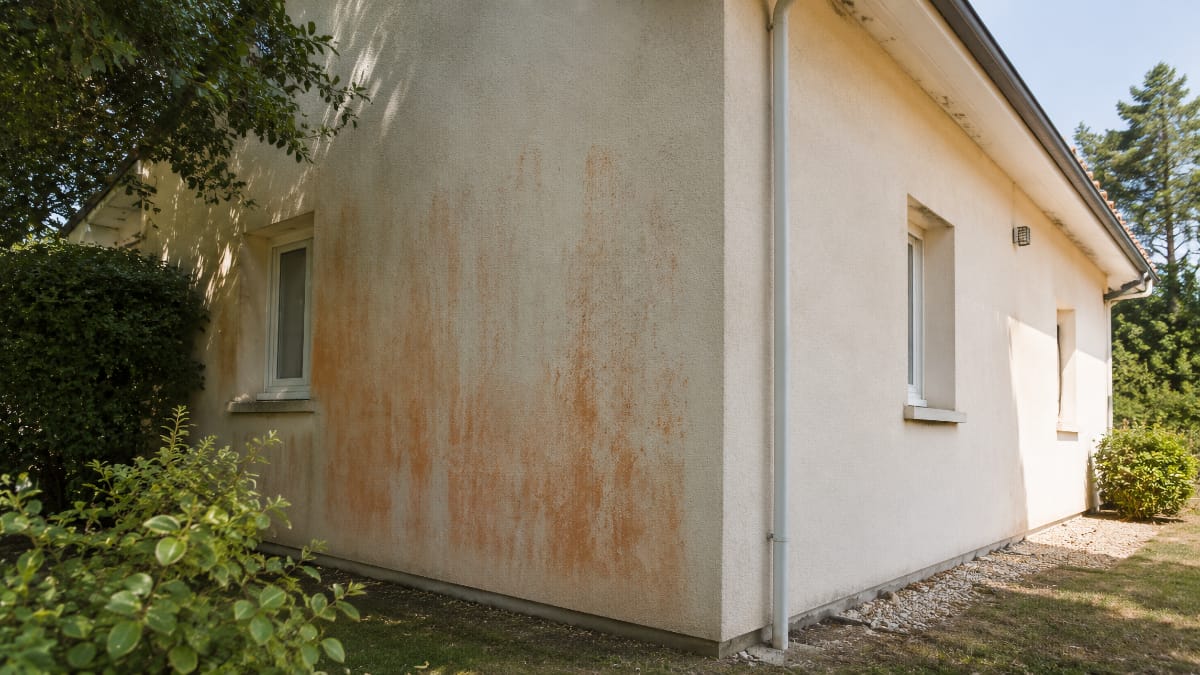 Maison dont une façade ombragée présente des traces rouge orangé alors qu’un mur mieux exposé reste propre