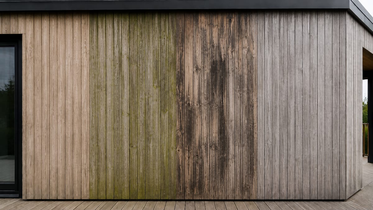 Comparaison visuelle entre bardage bois sale, verdi, noirci et grisé naturellement