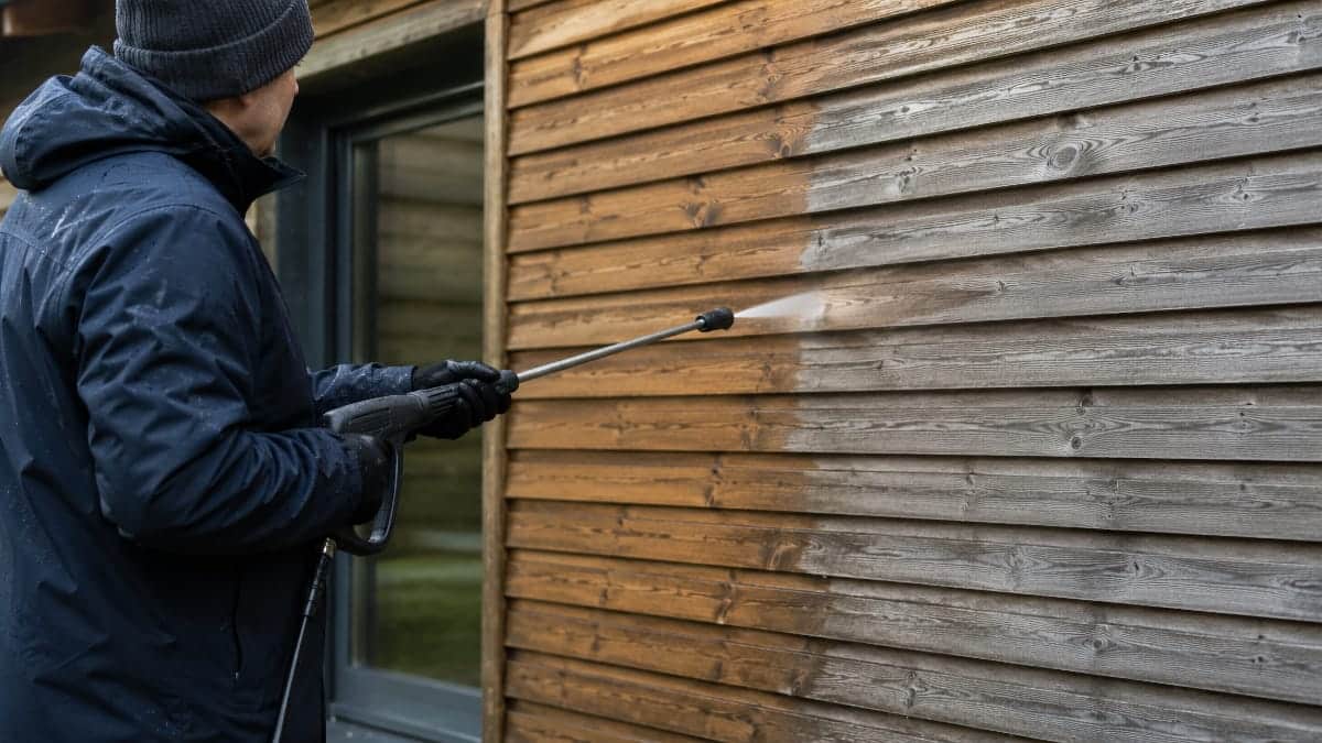Nettoyage prudent d’un bardage bois au nettoyeur haute pression avec une distance visible entre la buse et le support
