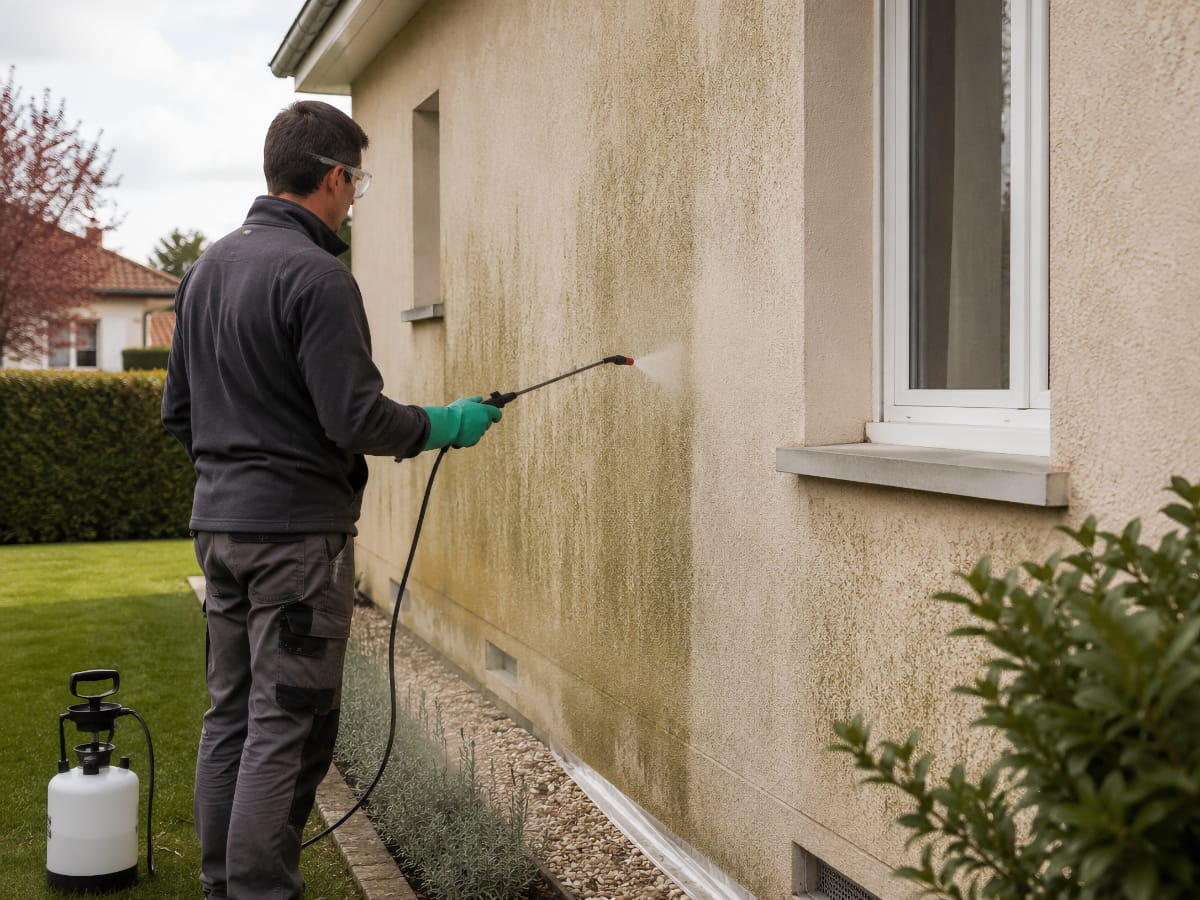 Application d’un traitement anti-mousse sur une façade avec gants, lunettes de protection et pulvérisateur manuel