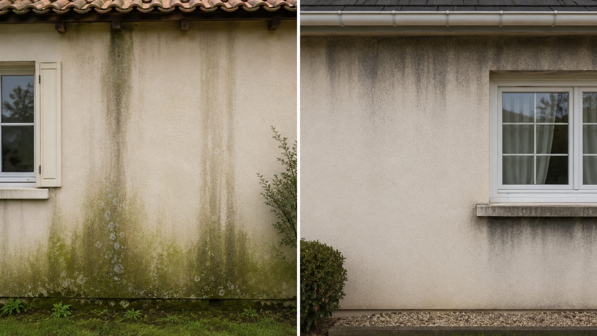 Comparaison entre des traces biologiques vertes et des salissures noires de pollution sur deux façades en enduit