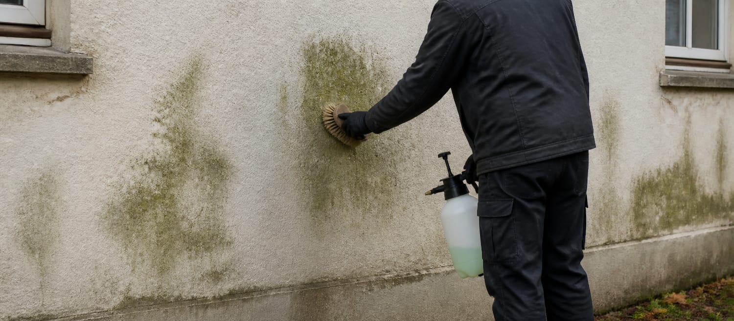 Démoussage manuel d'une façade envahie de mousse verte au brossage et au produit