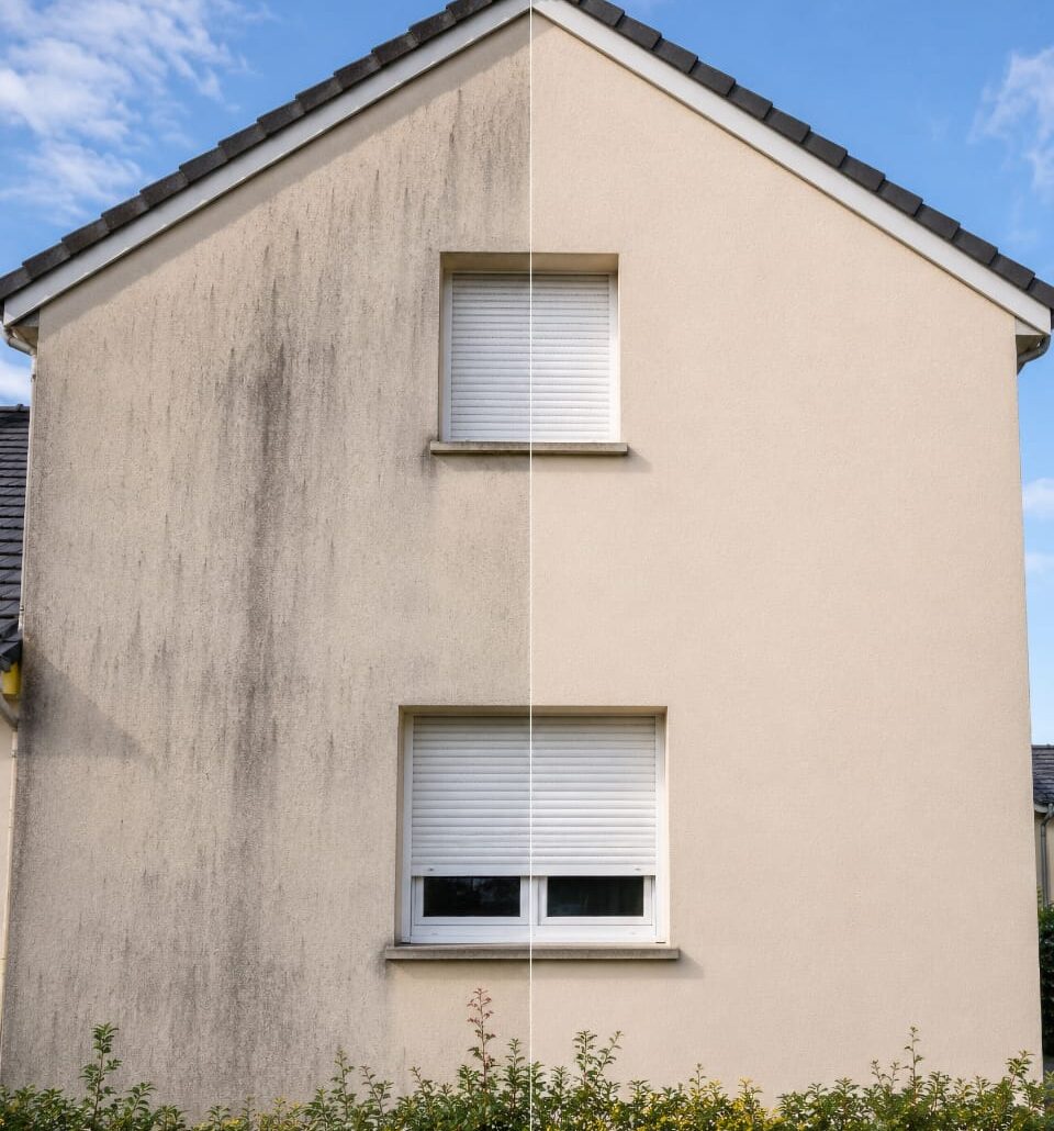 Comparaison avant/après d’une façade en enduit : traces noires à gauche, façade nettoyée à droite.