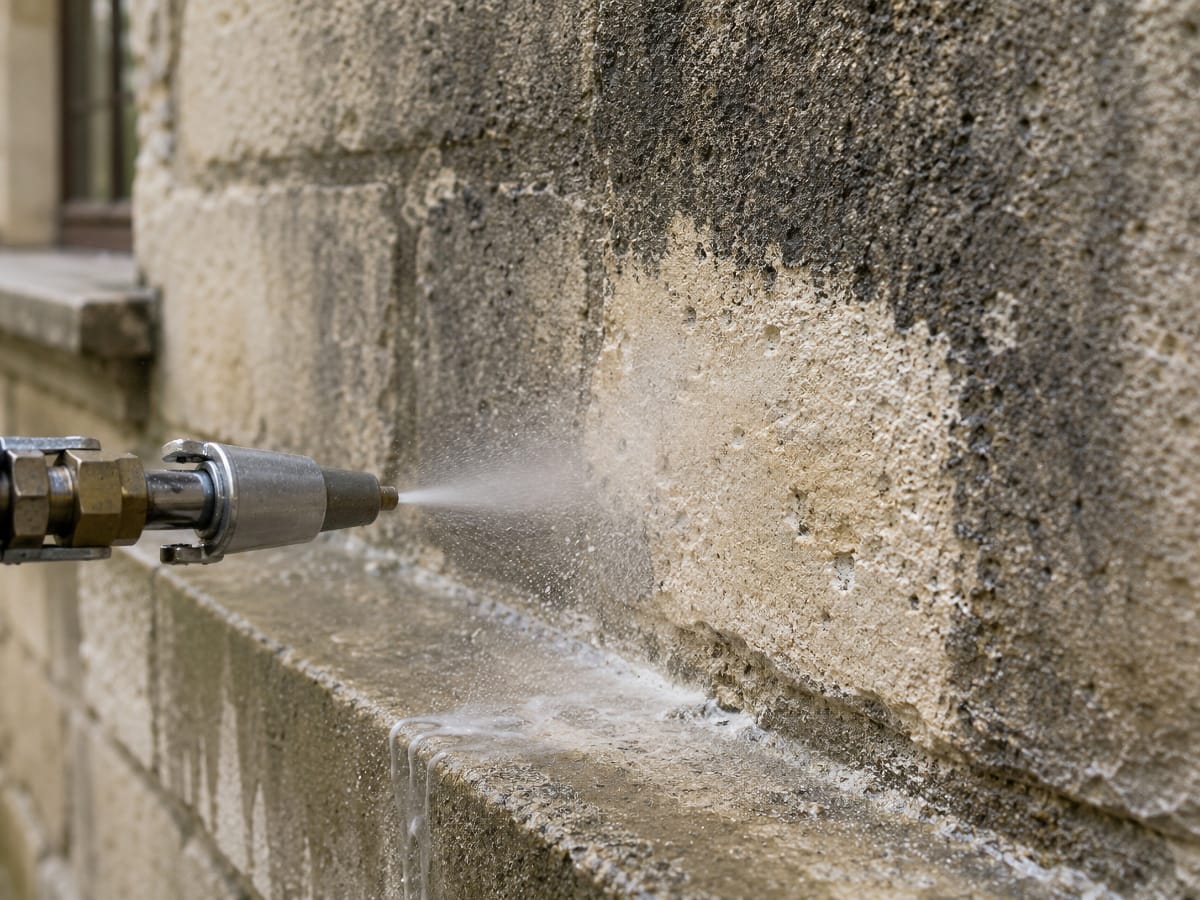 Projection d’eau et de microgranulats lors d’un hydrogommage de façade en pierre