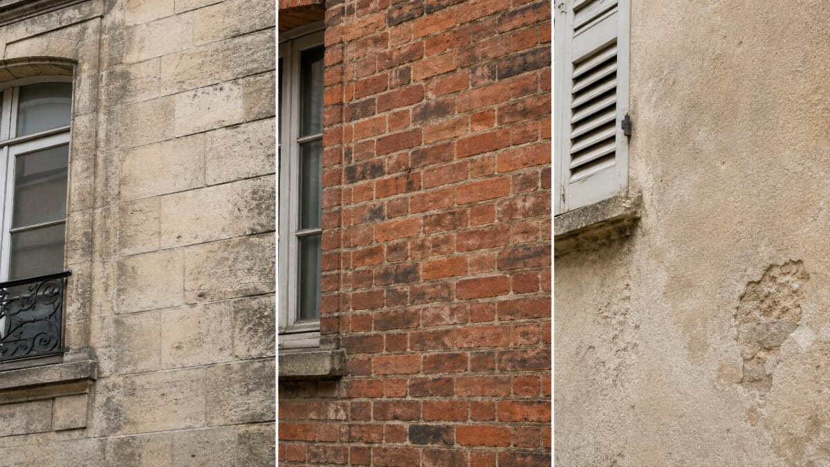 Comparaison entre pierre, brique et enduit ancien avant un nettoyage par hydrogommage