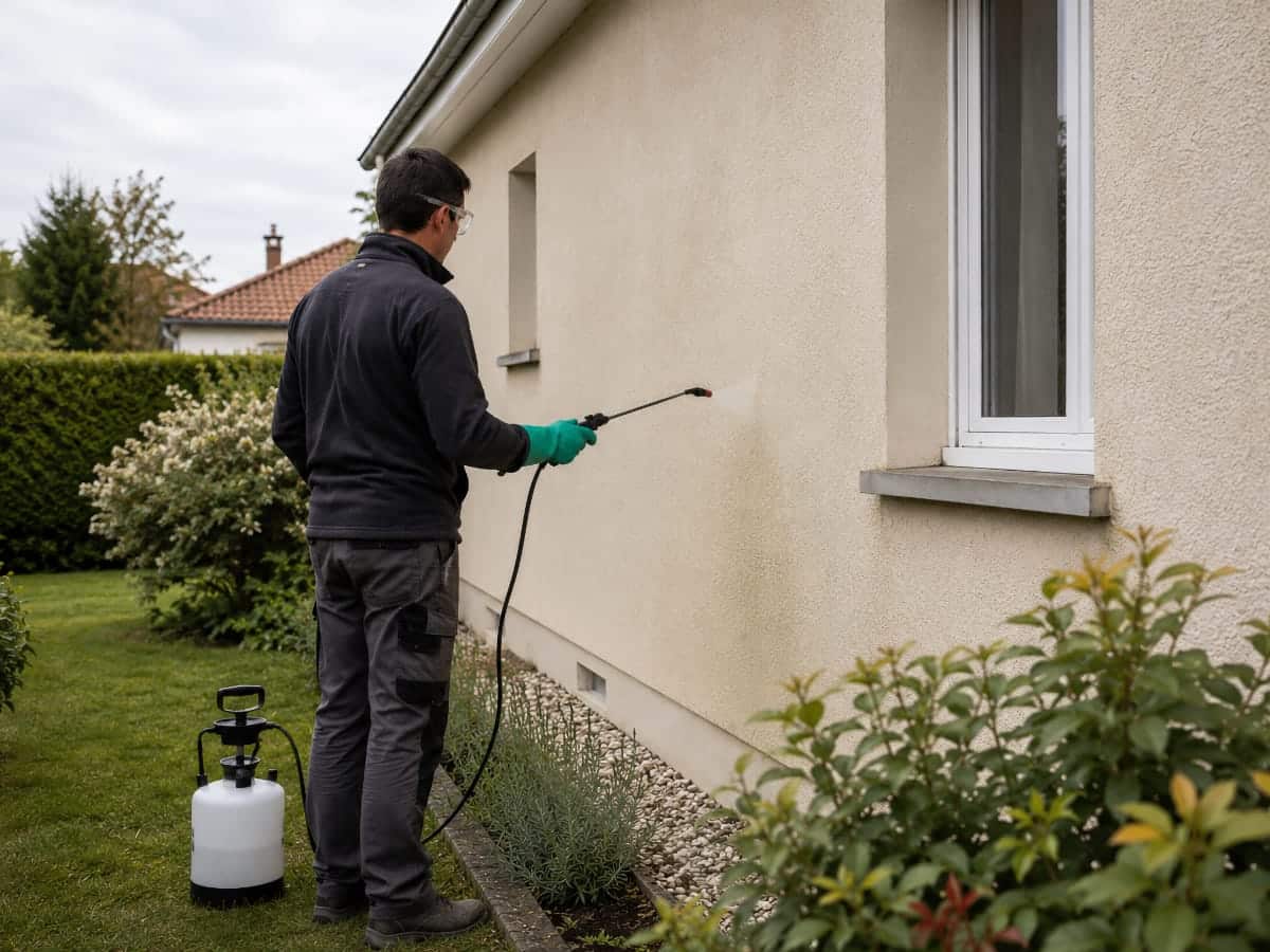 Application d’un traitement anti-mousse sur une façade par temps sec et doux
