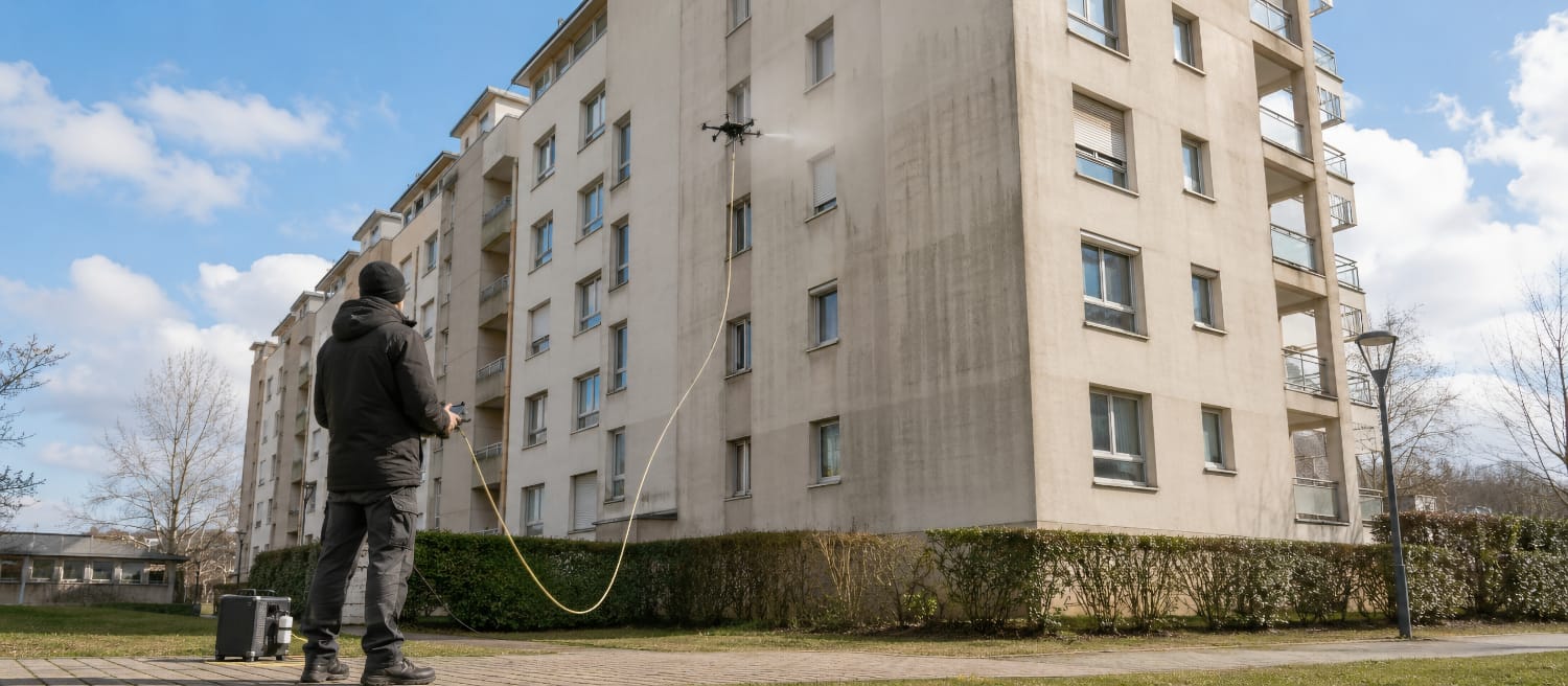 Drone de nettoyage de façade en intervention sur un immeuble, relié au sol par un tuyau