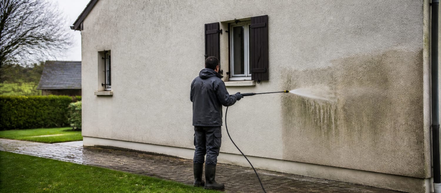 Nettoyage de façade au Karcher à haute pression sur un enduit encrassé
