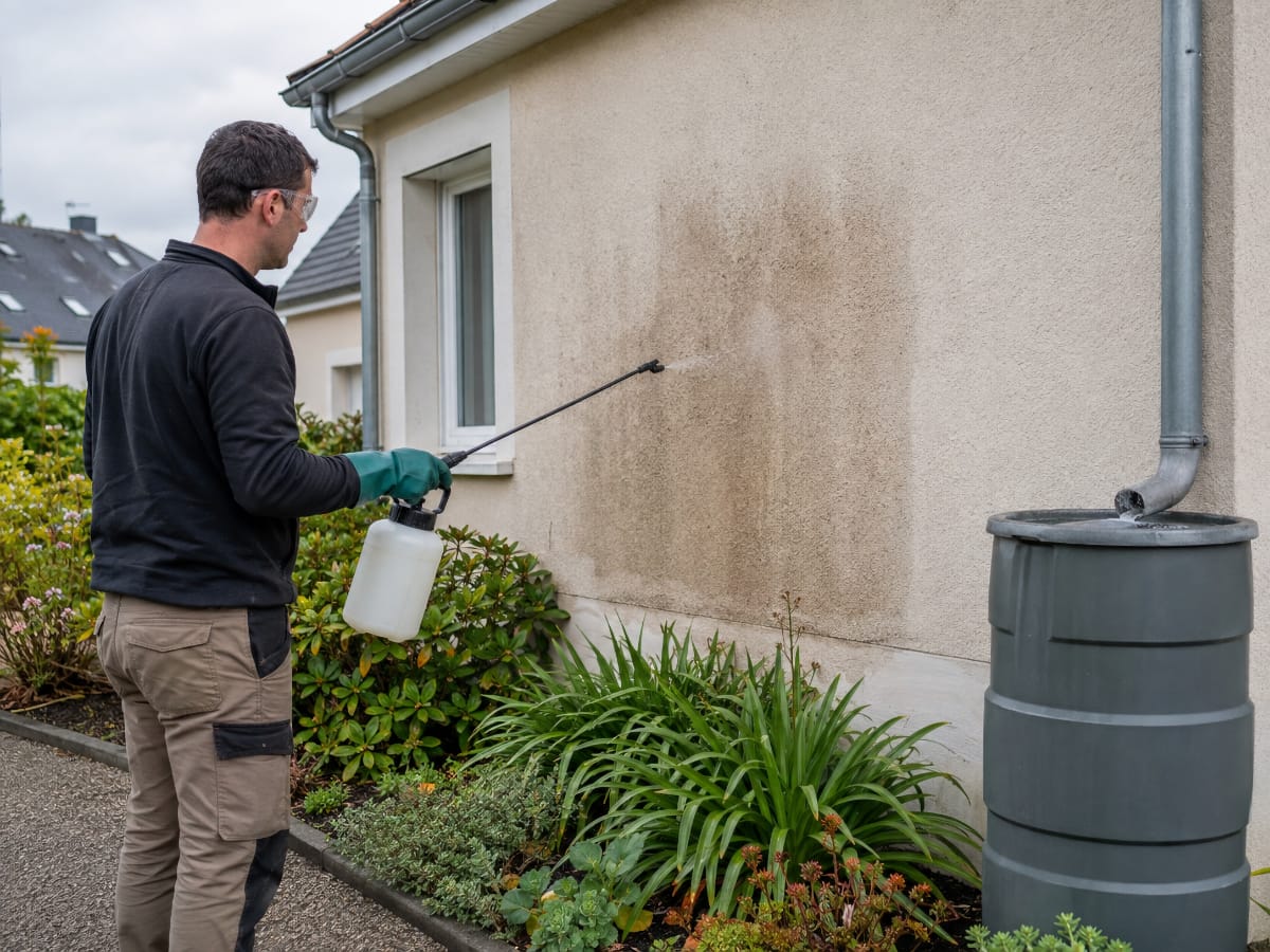 Application contrôlée d’un nettoyant de façade près de plantes et d’un récupérateur d’eau de pluie