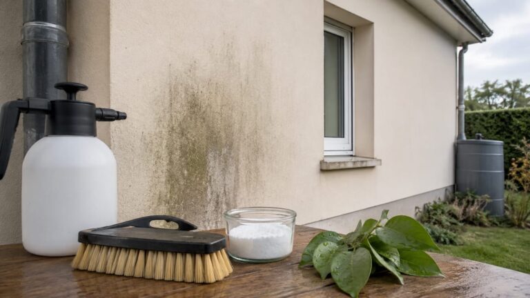 Produits et accessoires nettoyant facade bio devant une façade légèrement encrassée entourée de végétation