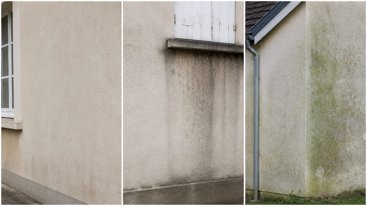 Comparaison entre une façade légèrement sale, une façade marquée par la pollution et une façade contaminée par des dépôts biologiques