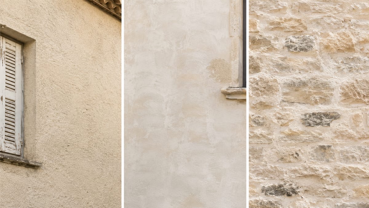 Comparaison entre enduit à la chaux, badigeon et joints à la chaux sur un mur extérieur