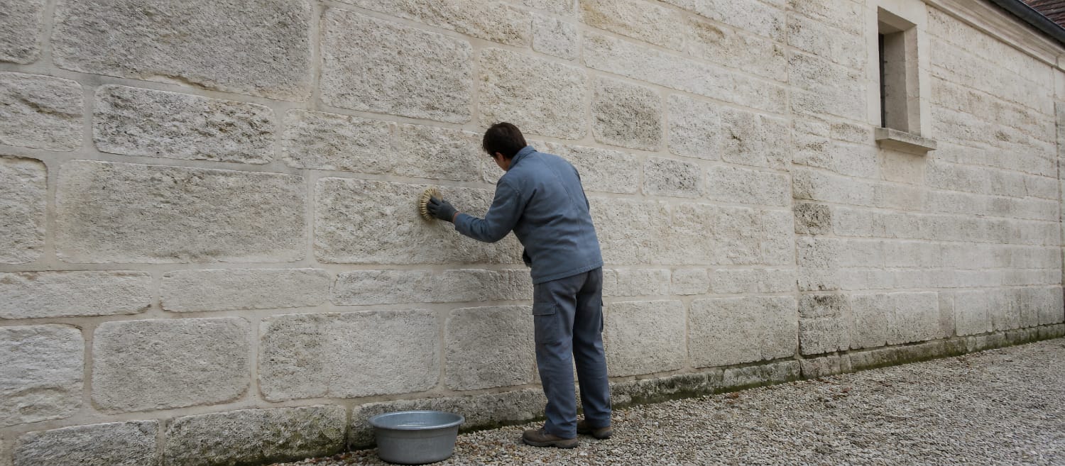 Nettoyage manuel à la brosse d'une façade en pierre naturelle