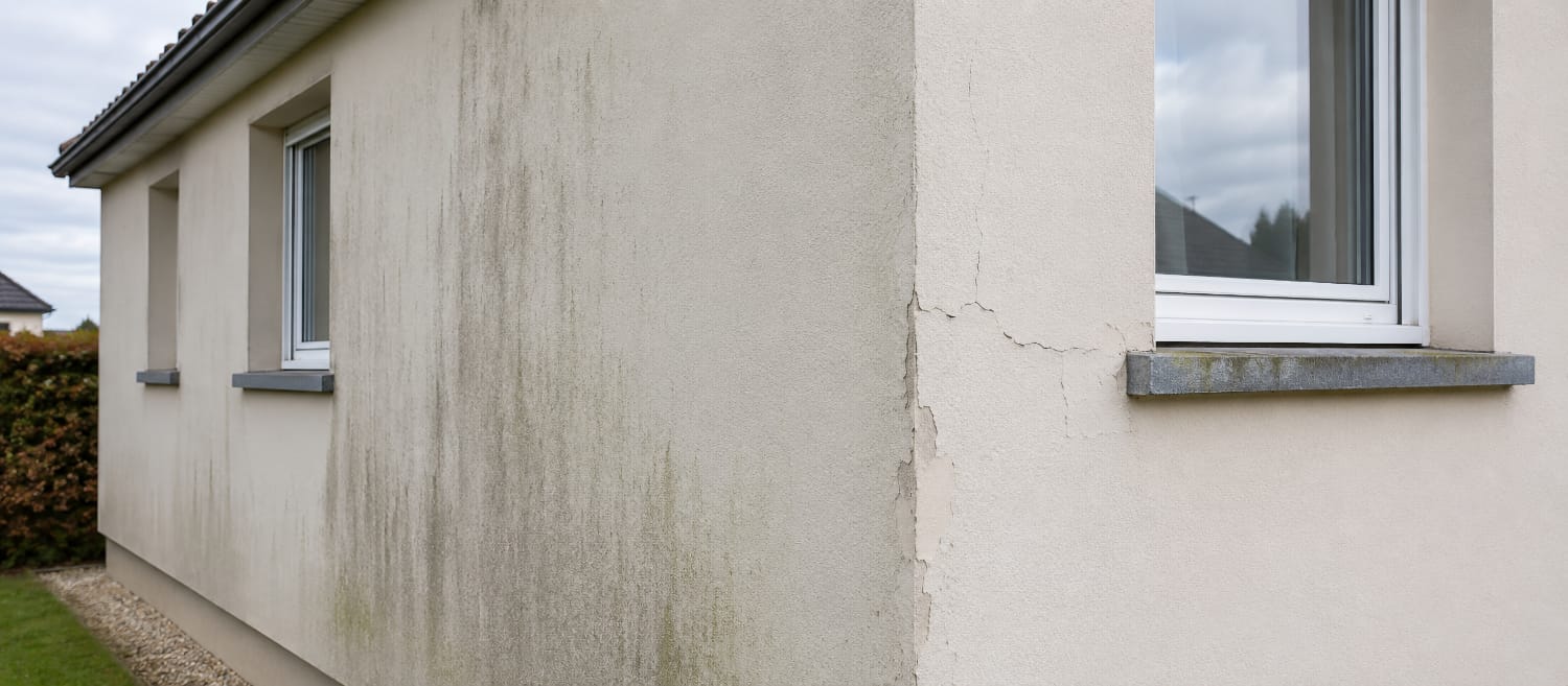 Façade présentant à la fois une zone encrassée par la pollution et une zone fissurée près d'un appui de fenêtre