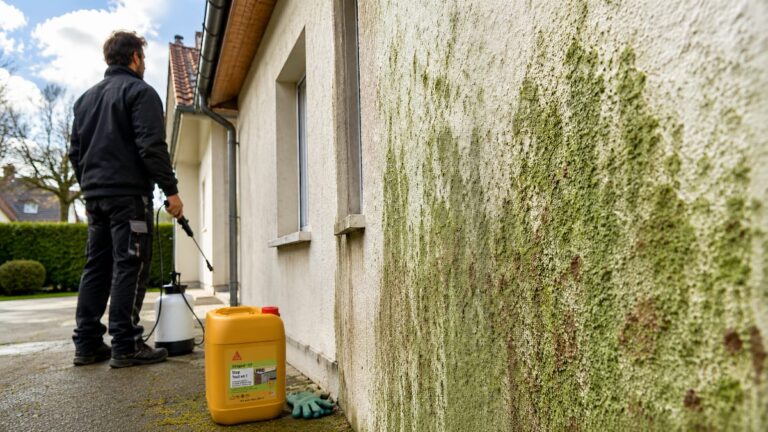 Traitement d'une façade présentant des traces vertes et rouges avec Sikagard 127