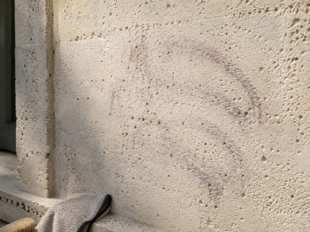 Léger spectre de graffiti restant après nettoyage d'un mur