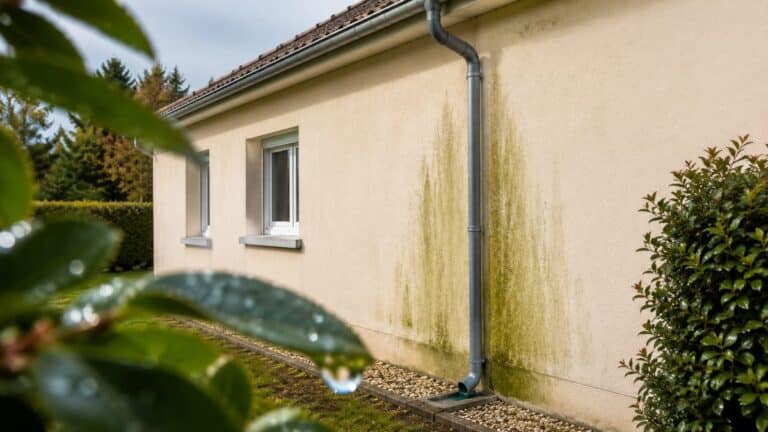 Traces vertes sur façades réapparaissant sous une descente d’eau après nettoyage