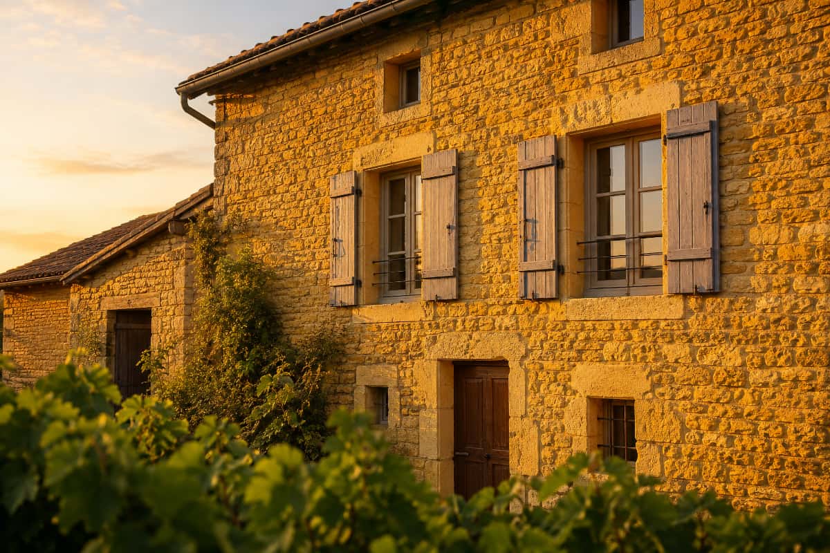 Façade en pierres dorées typique du Beaujolais