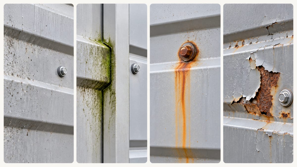 Comparaison de quatre états d’un bardage métallique : salissures superficielles, dépôt vert, coulure de rouille et corrosion sous une peinture écaillée.