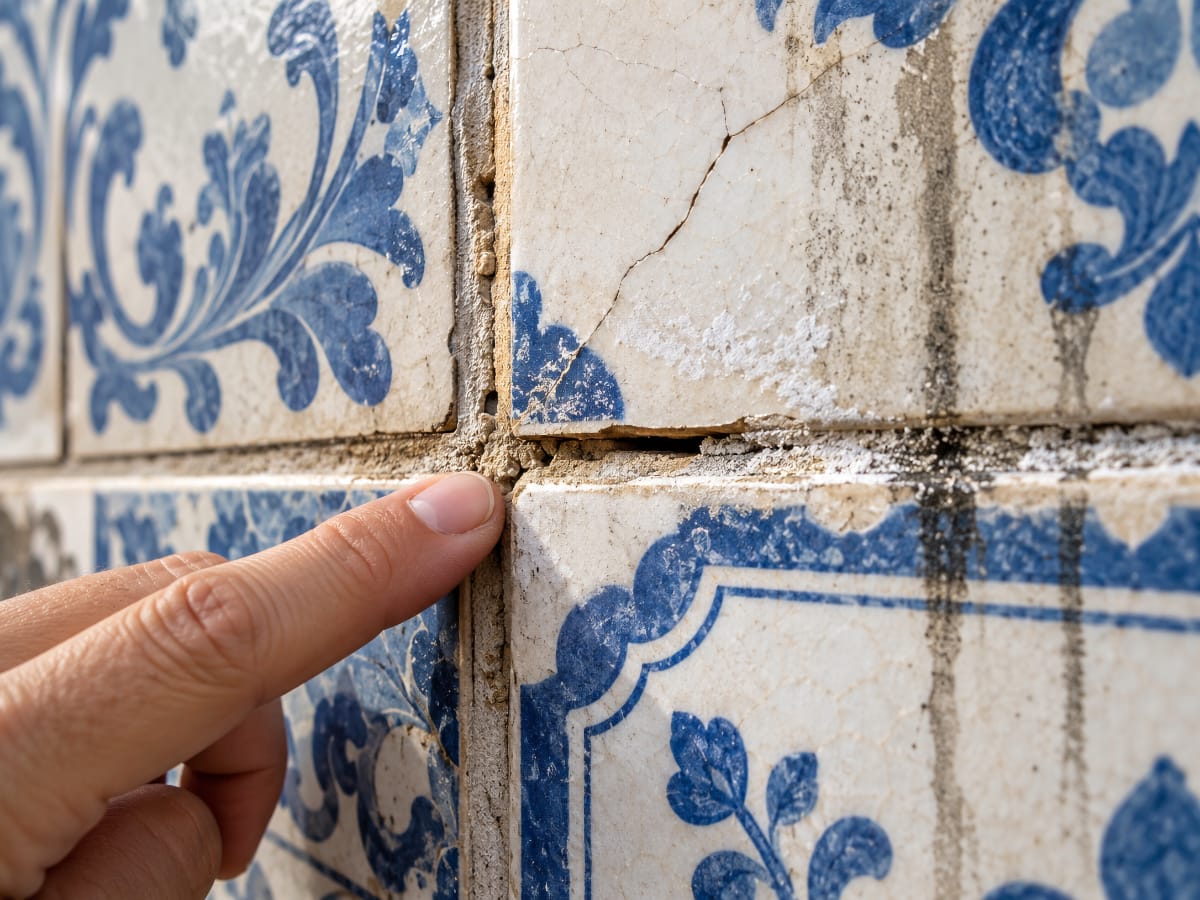 Inspection d’un joint fragilisé et d’un carreau de façade fissuré avant nettoyage
