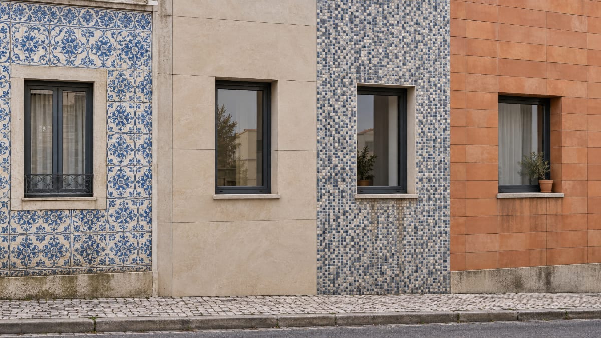Exemples de façades en faïence décorative, grands carreaux, mosaïque et parement céramique