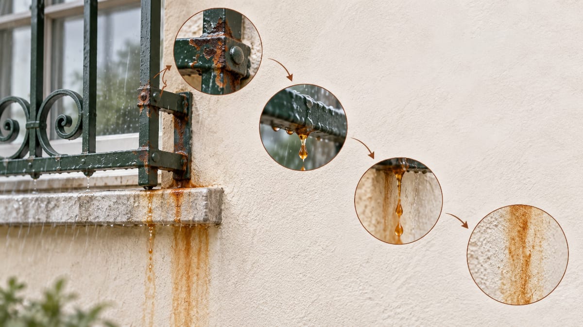 Schéma montrant la corrosion d’une grille, le ruissellement de pluie et la formation d’une coulure de rouille sur une façade enduite
