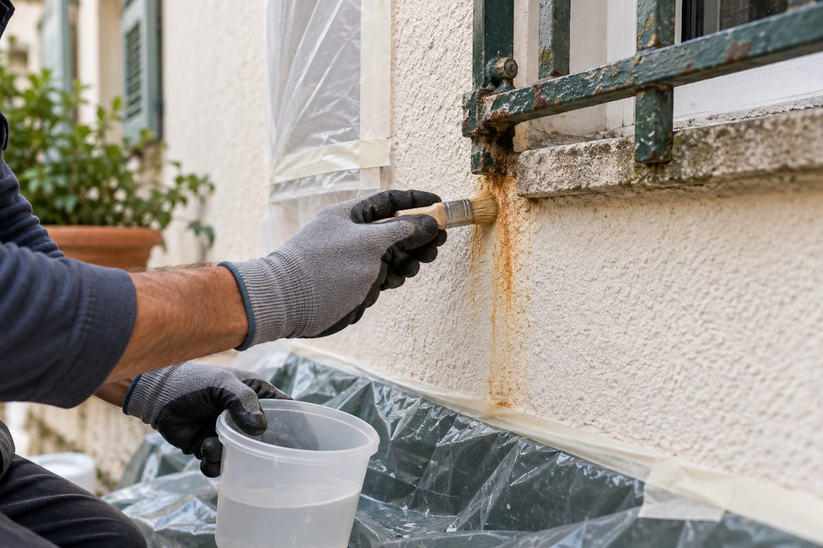 Nettoyage localisé d’une coulure de rouille sous une grille métallique sur une façade enduite protégée