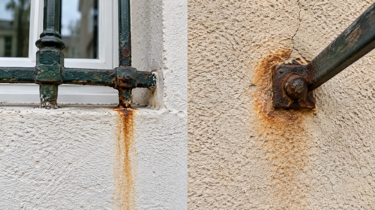 Coulure de rouille sous une grille de fenêtre et tache ferrugineuse autour d’une fixation métallique sur enduit