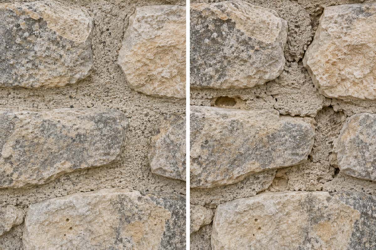 Deux états de joints entre des pierres : mortier plus continu à gauche, fissures et cavités visibles à droite.