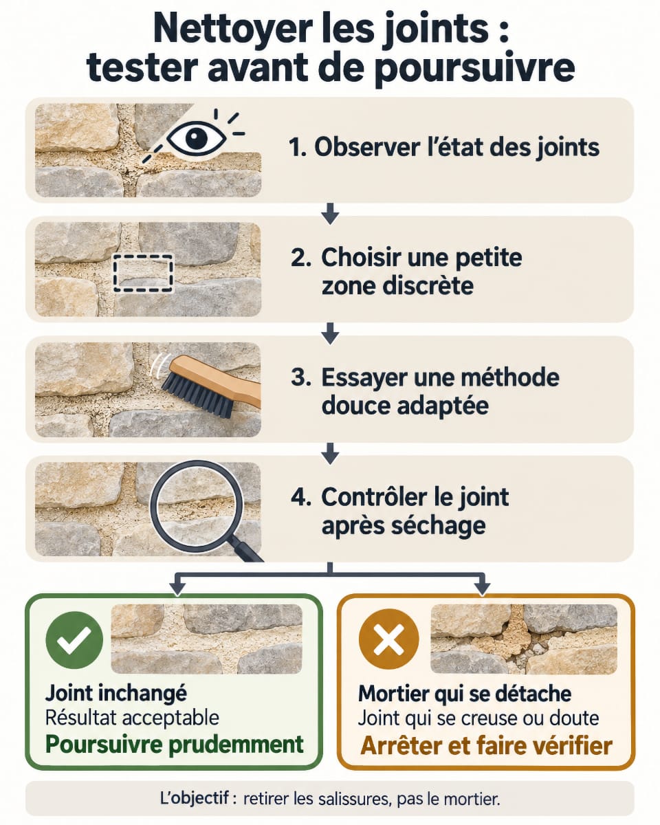 Méthode en quatre étapes : observer les joints, choisir une petite zone, essayer une méthode douce et contrôler après séchage avant de poursuivre ou d’arrêter.
